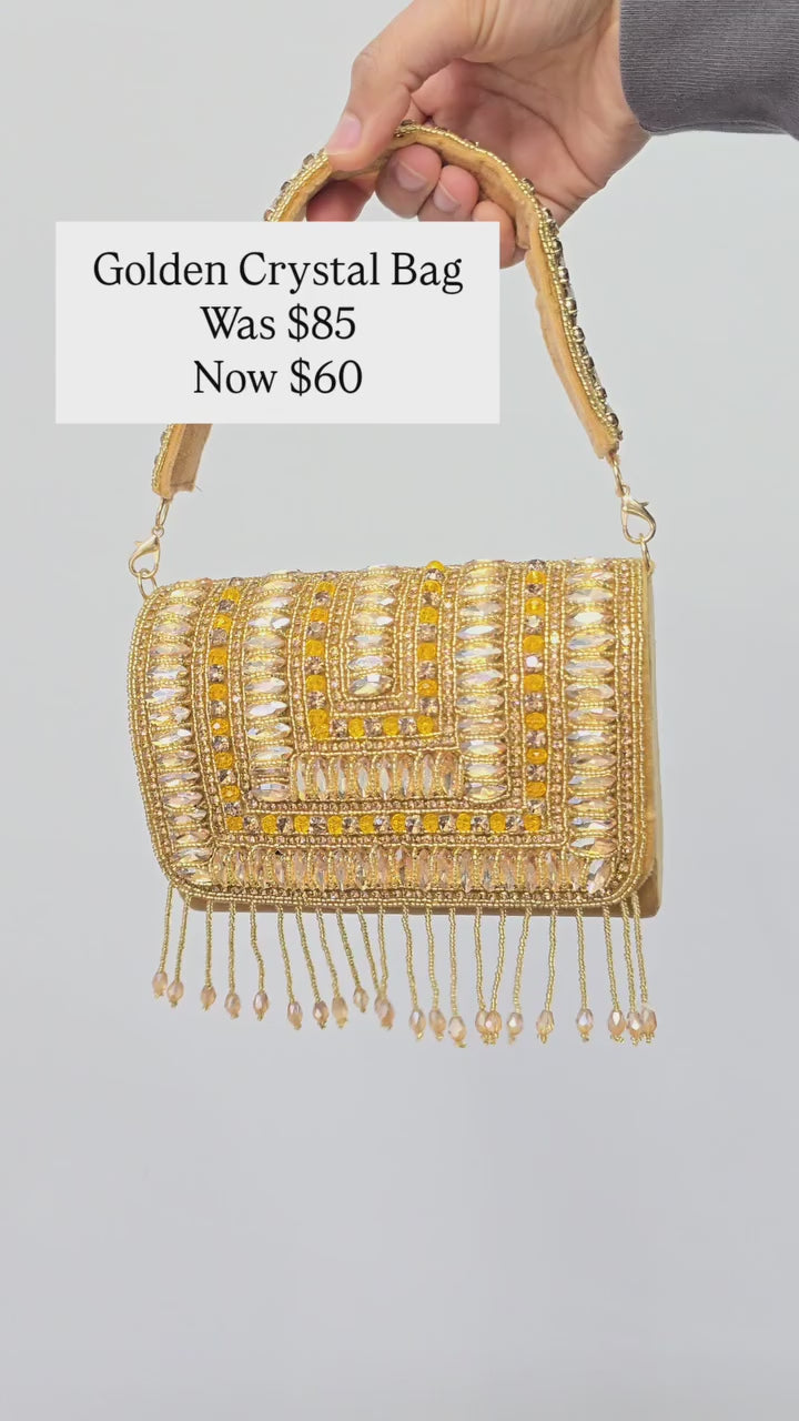 Gold crystal flap bag