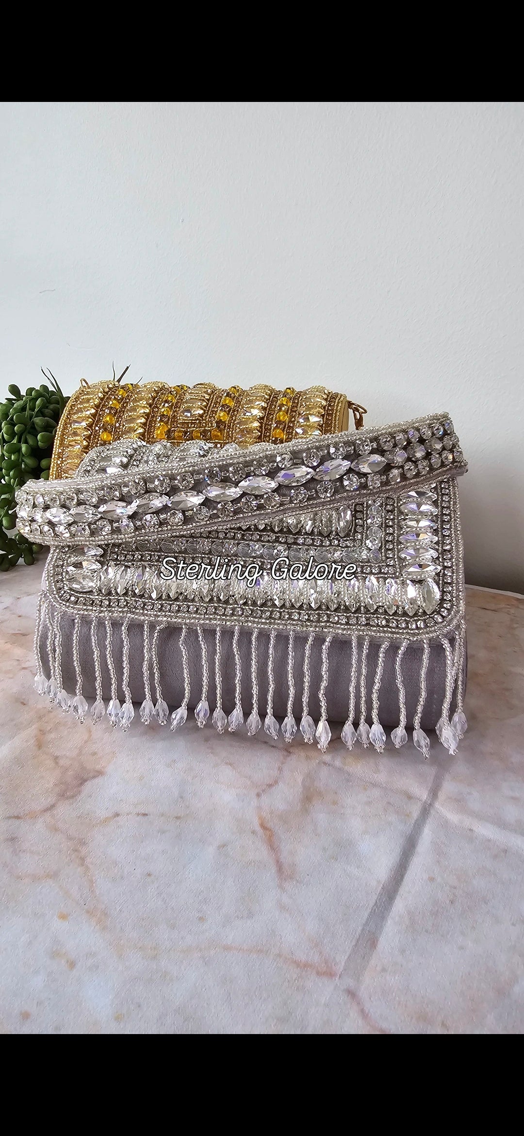 Silver crystal flap bag