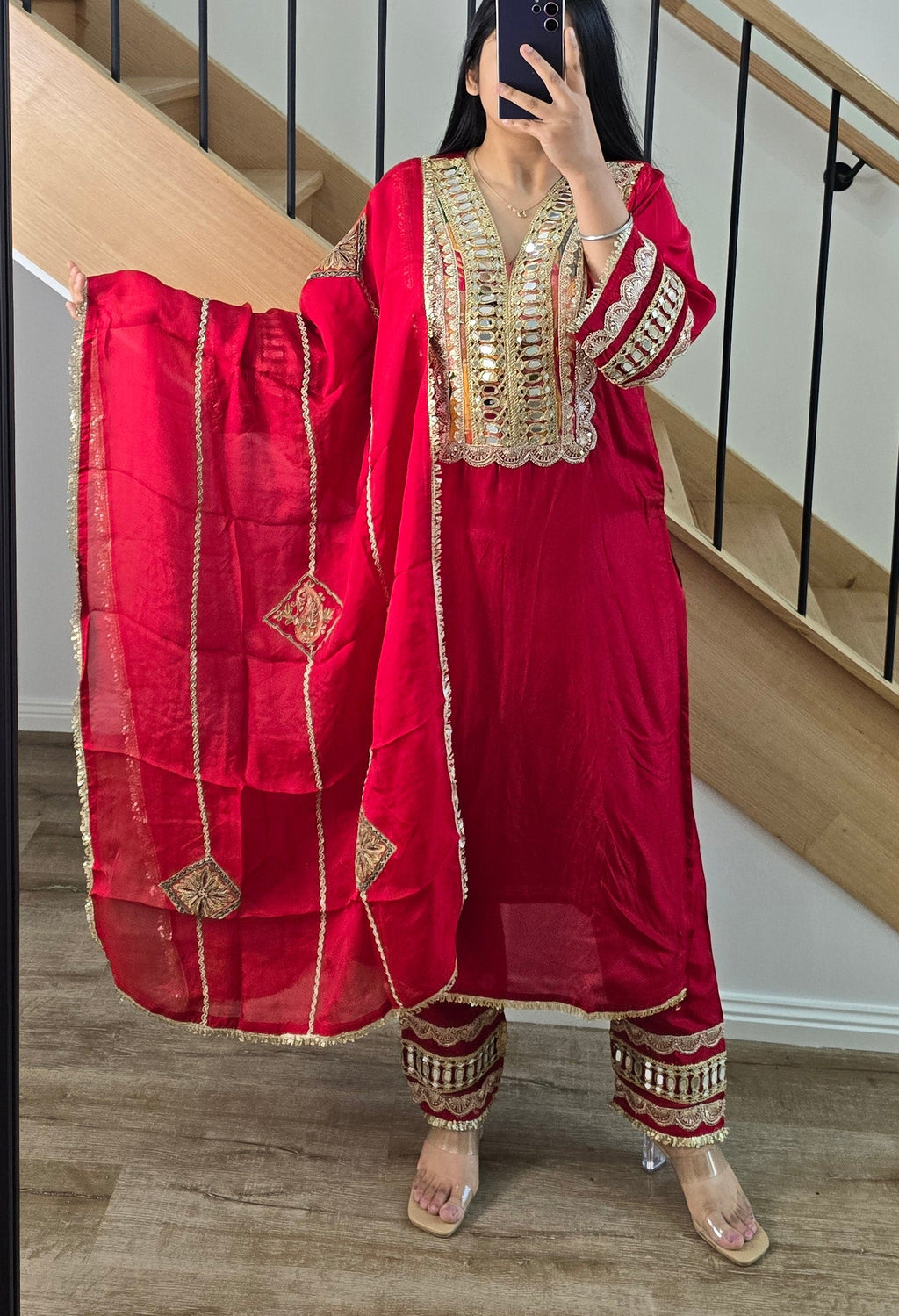 Red glass crepe mirror work suit