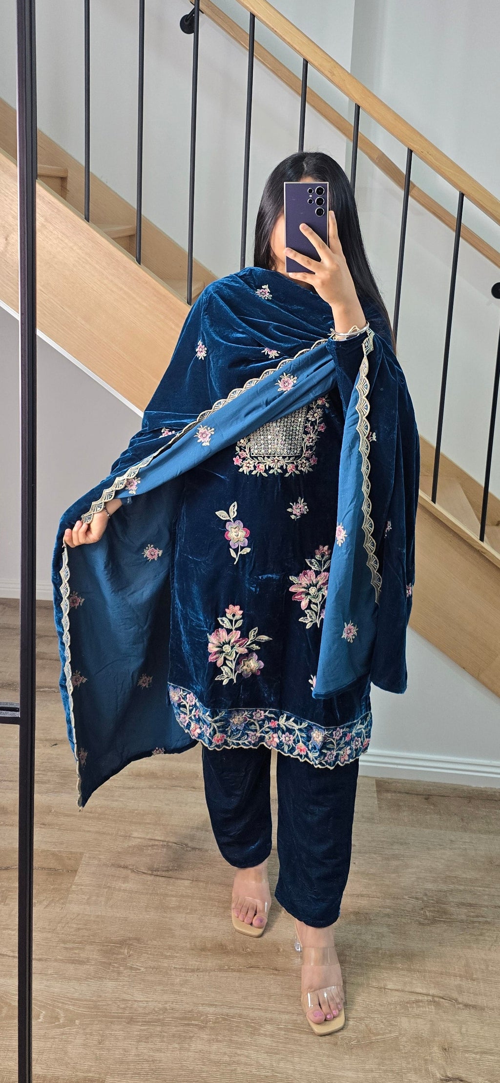 Teal blue Velvet Shawl suit