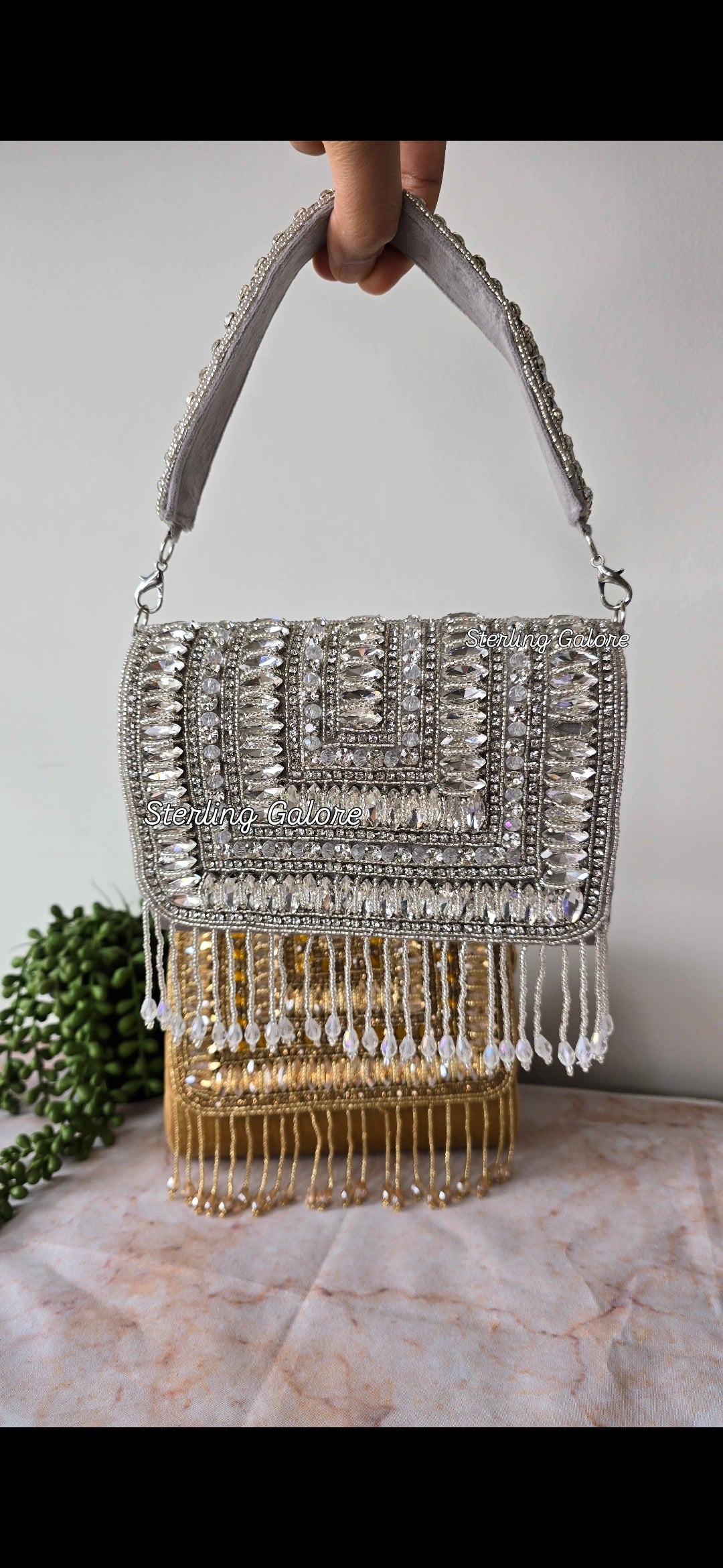 Silver crystal flap bag