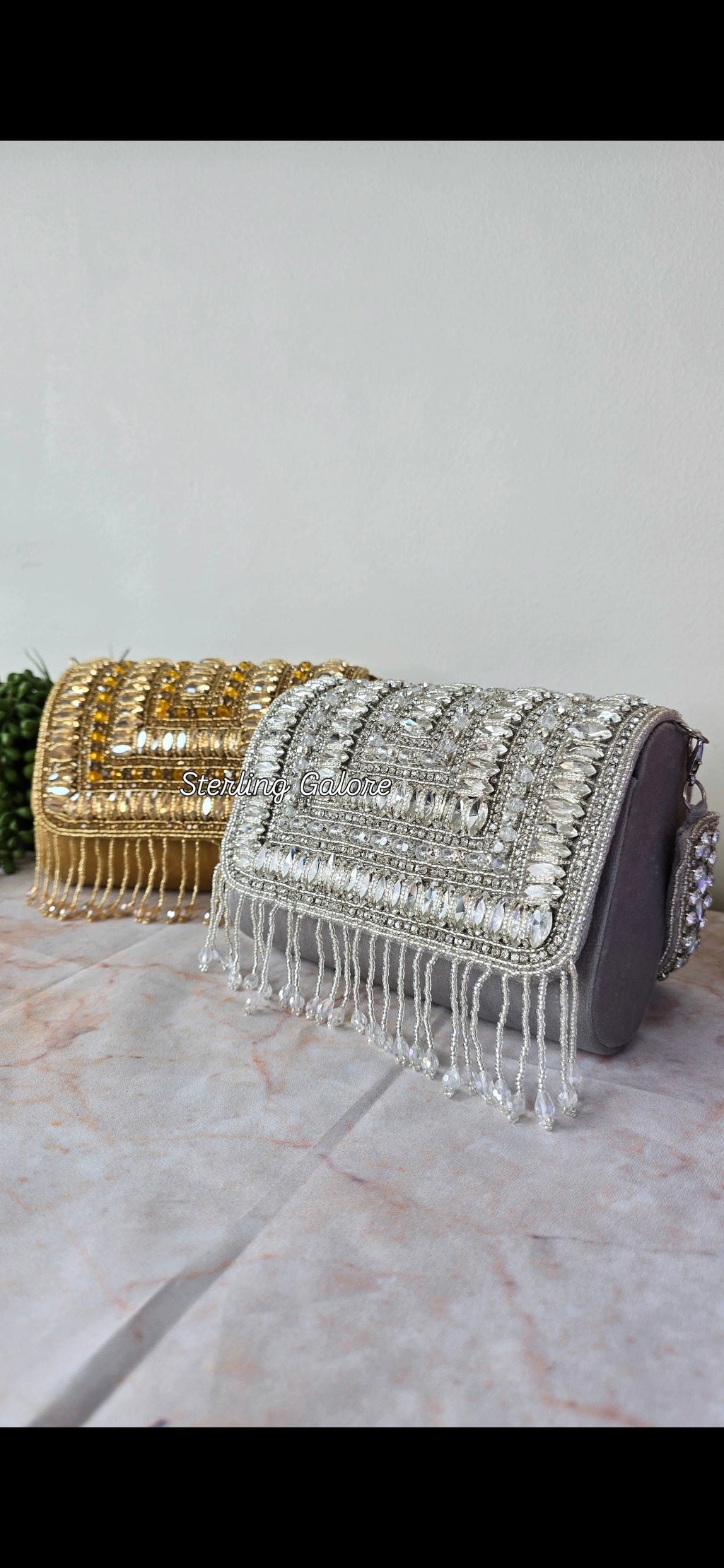 Silver crystal flap bag