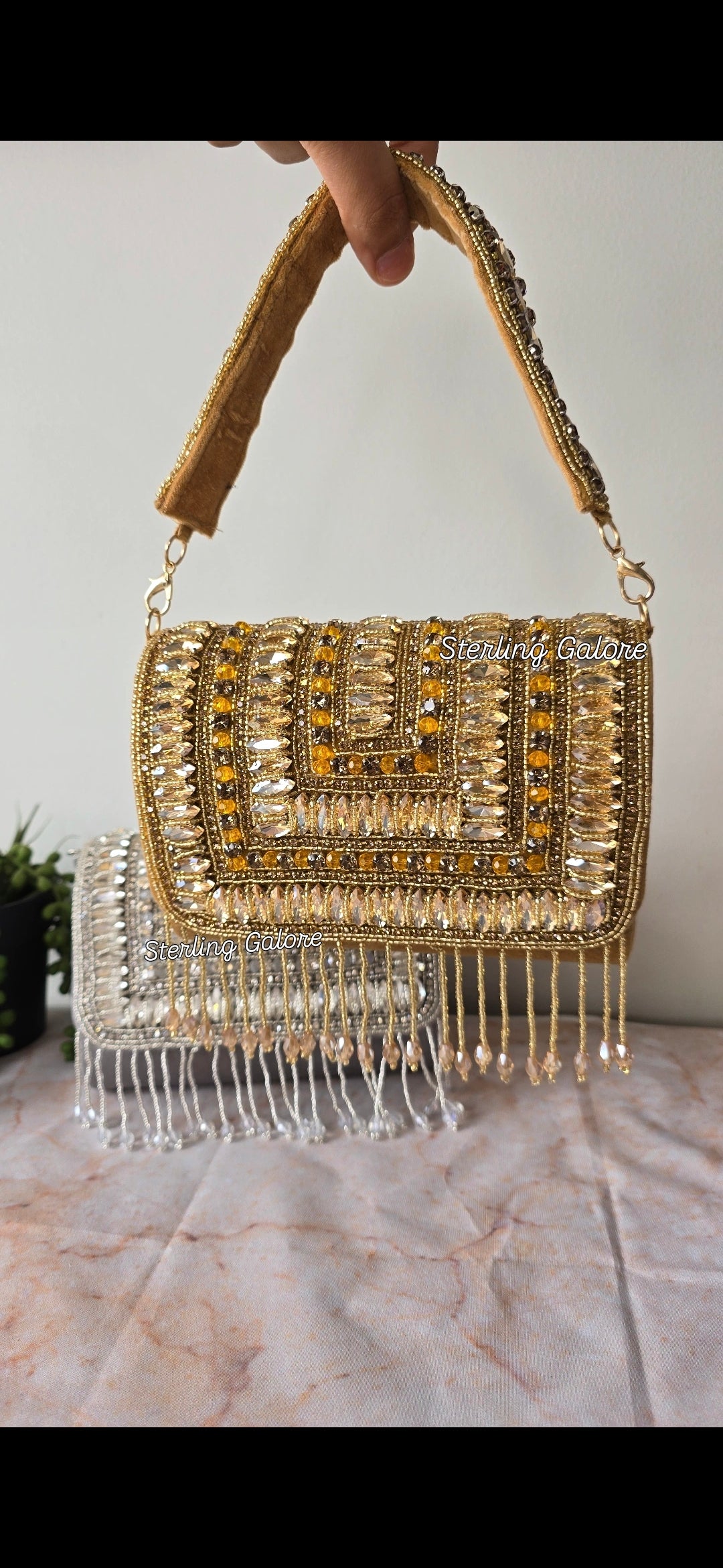 Gold crystal flap bag