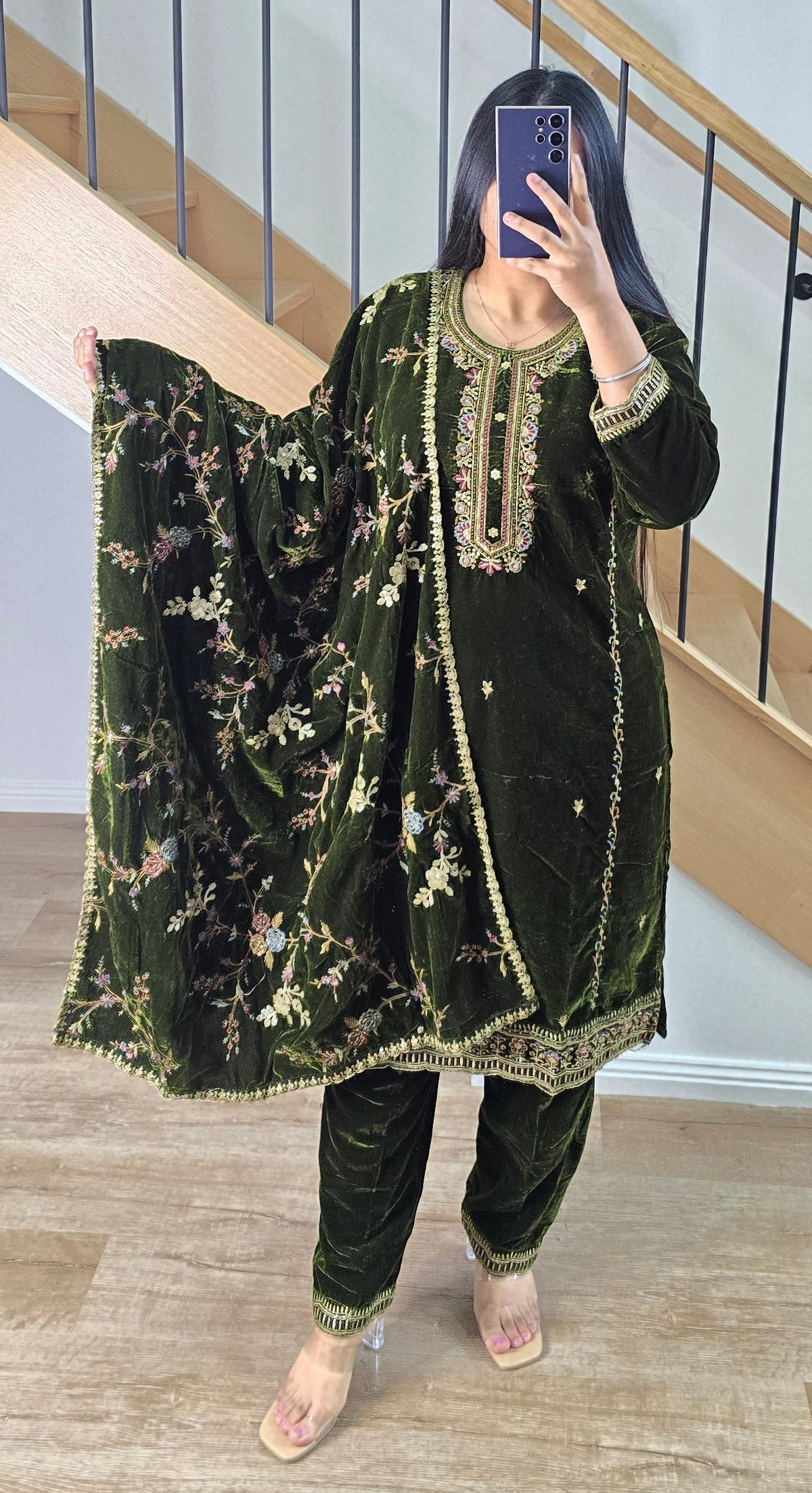 Henna green Velvet Shawl suit