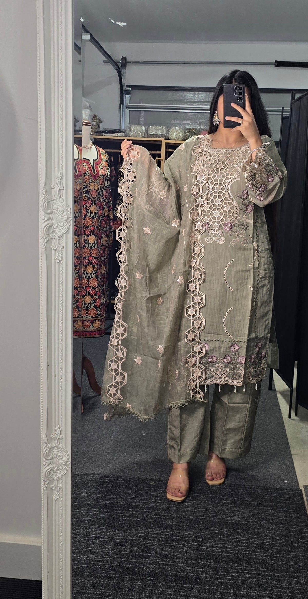 Sage Green organza Pakistani suit